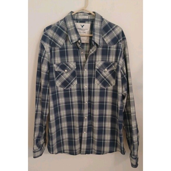American Eagle Outfitters Shirt XXL Plaid Blue Longsleeve Pearl Snap Vintage Fit - Picture 1 of 9